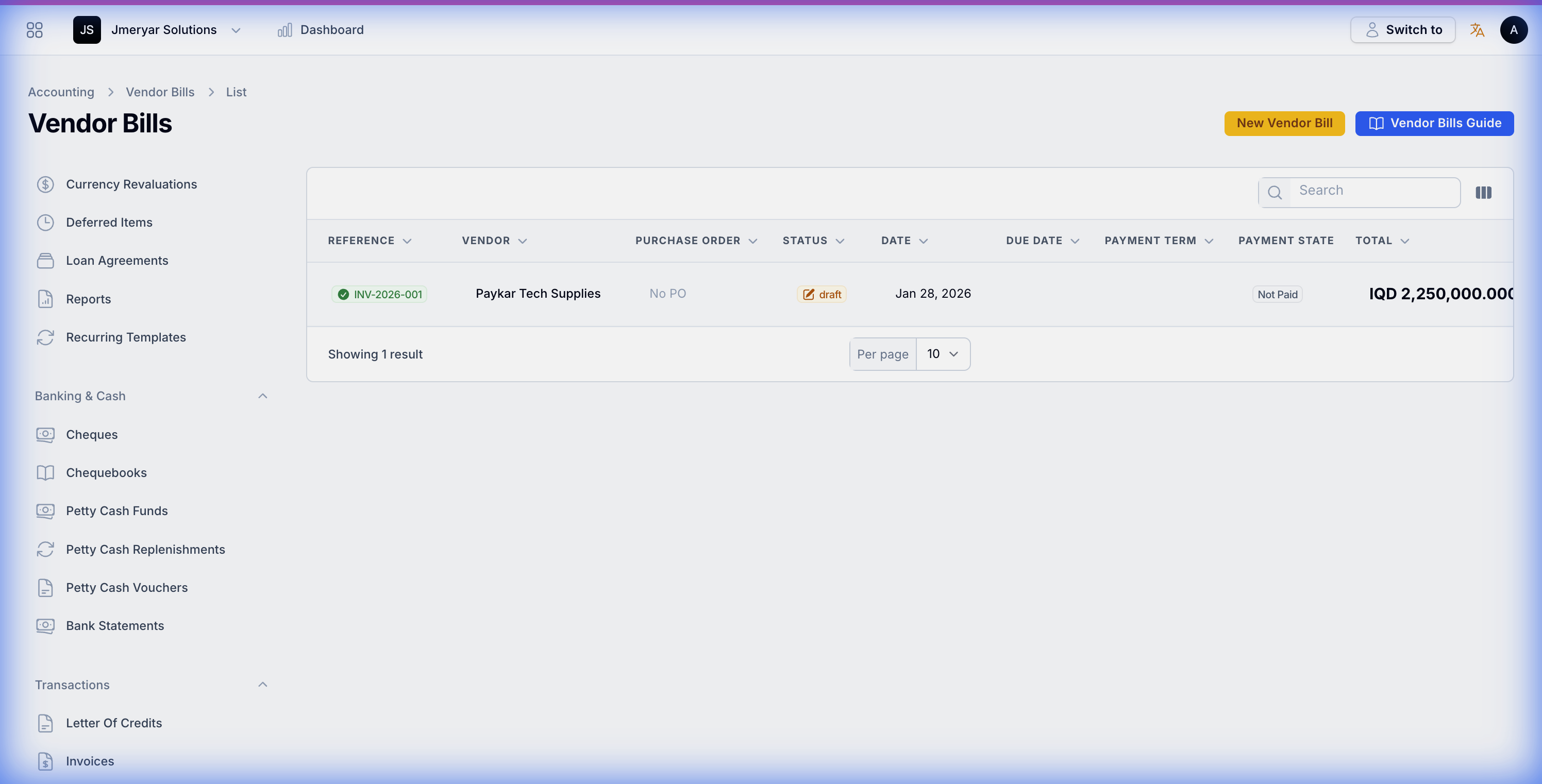 Vendor Bills List View